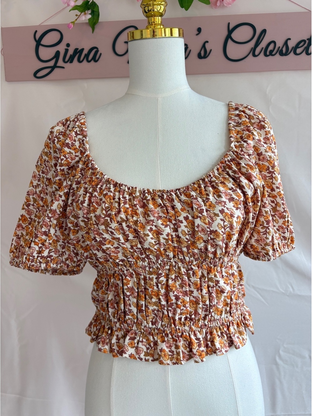BOG Collective Women's Floral Puff Sleeve Smocked Crop Top, Size Large